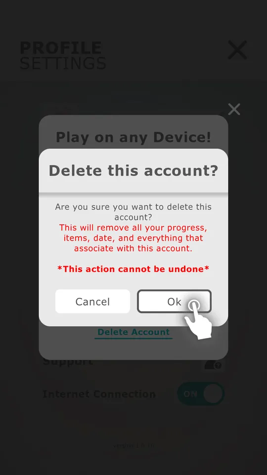 Step 3: the in-game screen for deleting your account